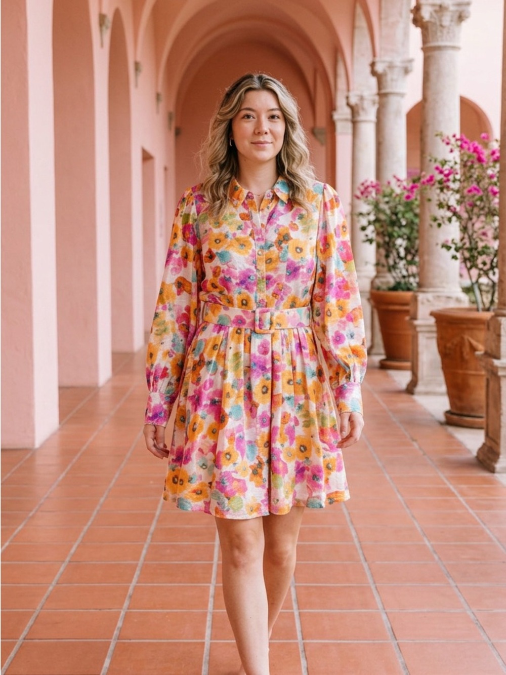 FATE Floral Button-Front Belted Shirt Dress - Pink & Yellow Small